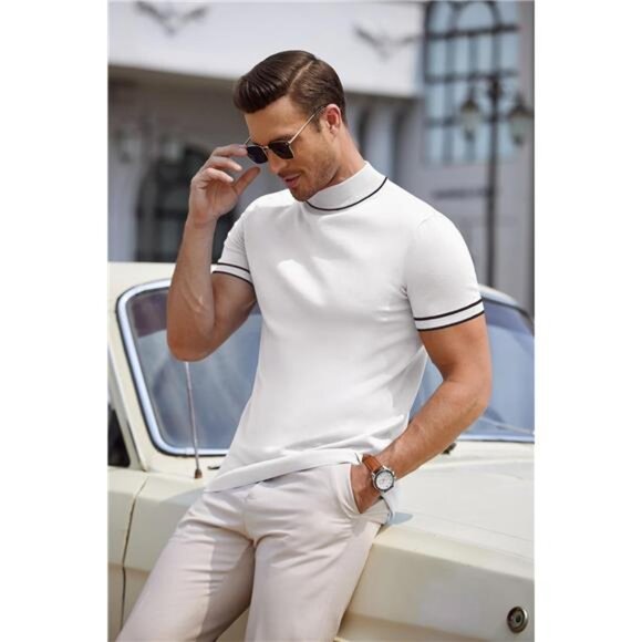 Mens Mock Turtleneck Sweater Short Sleeve Casual Dress Sweater Shirt - Picture 2 of 6